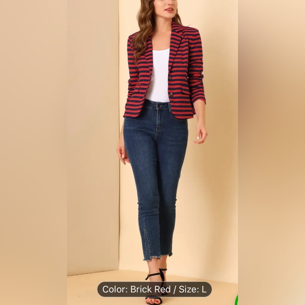 Red and navy striped blazer with ruched sleeves from Have, size medium